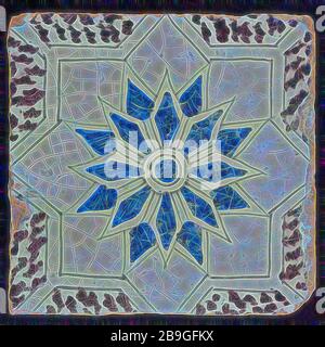 Sprinkled ornament tile, center double circle, double eight-pointed blue star, against background of two white eight-pointed stars, dotted purple corners, black outline, wall tile tile sculpture ceramic earthenware glaze, baked 2x glazed painted Stock Photo