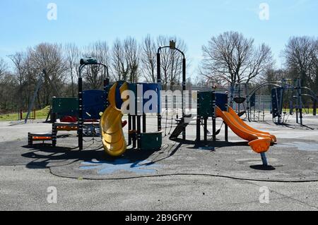 A once  busy playground is closed as the UK goes into lockdown due to the Coronavirus Pandemic. Foots Cray Meadows, Sidcup, Kent. UK Stock Photo