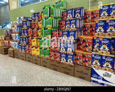 Orlando,FL/USA - 3/7/20:  A variety of Kelloggs breakfast cereals in the breakfast  aisle of a Publix grocery store ready to be purchased by consumers Stock Photo