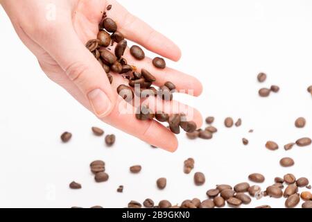 Fresh roasted coffee beans falling down out of hand in front of a white background Stock Photo