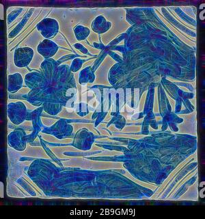 Tile of four tile tiles, 'Chinese garden', tiled field wall tile tile sculpture component ceramics pottery glaze, baked 2x glazed painted Square yellow to red shard two nail holes China chinoiserie Ming dynasty porcelain Stock Photo