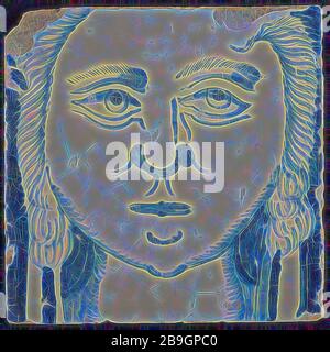 Tile of chimney pilaster, blue on white, head of woman with long curly hair, chimney pilaster tile pilaster footage fragment ceramic pottery glaze, the number 11 below Stock Photo