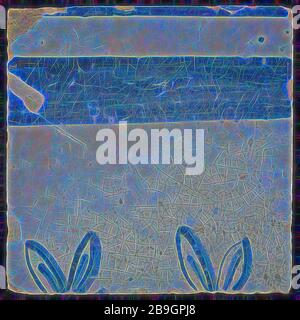 Tile of chimney pilaster, blue on white, top of two branches with horizontal blue border above, chimney pilaster tile pilaster footage fragment ceramic pottery glaze, And below it the number 9 Stock Photo
