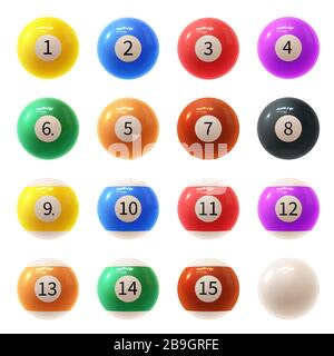 Realistic colorful vector set of glossy 3D billiard balls. Balls for pool or snooker Stock Vector