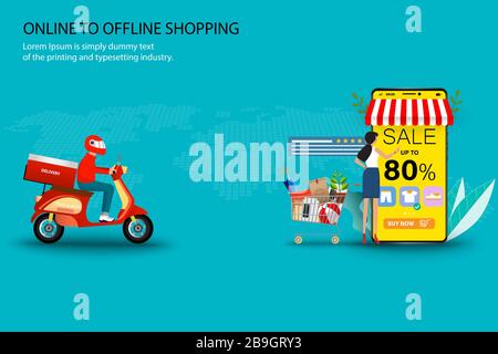 Concept of online to offline shopping, a man riding a scooter and a woman touching the screen of smartphone that the display contain discount rate. Stock Vector