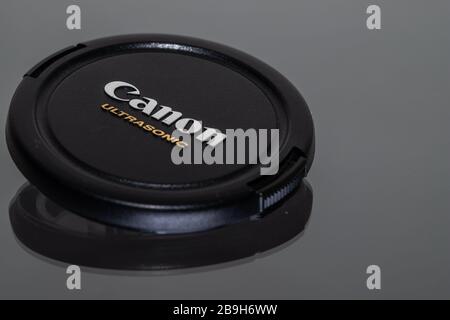 Cap of Canon Ultrasonic lens and reflection. Canon is a Japanese brand that makes photography products such as digital camera, lenses and flashes Stock Photo