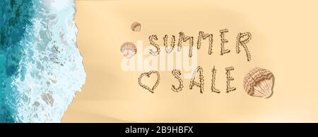 Hello summer. Realistic ocean waves and beach. Horizontal banner for advertising and summer discounts. . Stock Vector