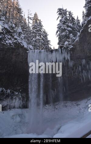 Tamawanas Falls, where Cold Spring Creek flows over a 110ft lava cliff on the lower eastern slope of Mt Hood, is partially frozen in winter. Stock Photo