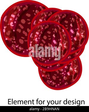 smoked sausage. RIBS OF Sliced Sausage. salami. INGREDIENT FOR PIZZA. Vector illustration isolated on a white background.. Stock Vector