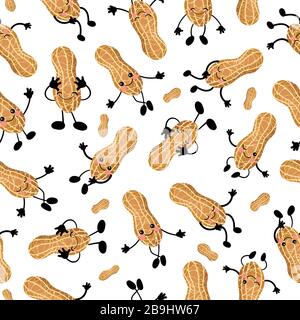 Seamless peanuts on a light background. Vector illustration. Nuts characters. Stock Vector