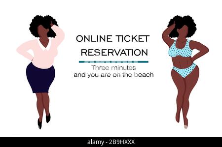 booking and buying tickets online. ONLINE SERVICE OF TOURIST SERVICES. Journey. black woman in a swimsuit. Stock Vector