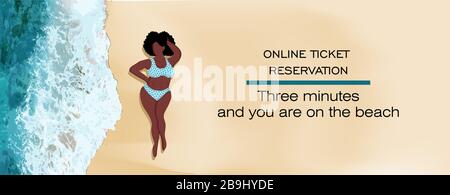 booking and buying tickets online. ONLINE SERVICE OF TOURIST SERVICES. Journey. black woman in a swimsuit. Stock Vector
