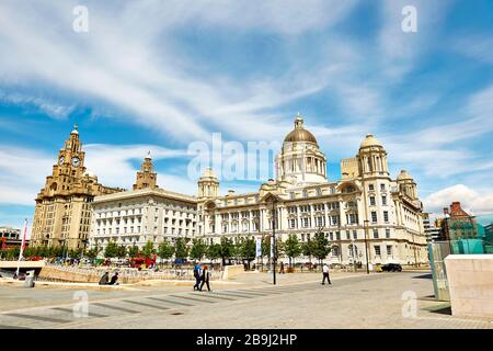 The famous and historic Three Graces on the waterfront in Liverpool, England, UK Stock Photo