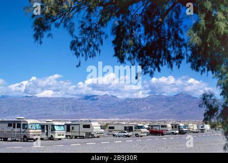 RV campsite in the desert landscape of Death Valley national park,U.S.A. Stock Photo