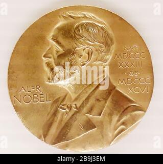 Swedish Nobel Prize Medal for Physics Chemistry Physiology or Medicine Literature. Note: the Norwegian Nobel Peace Prize has a different design. The S Stock Photo