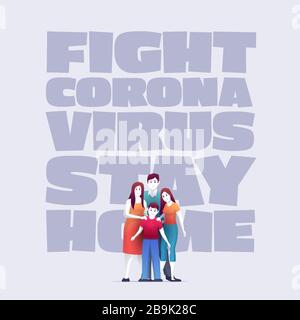 Family are standing in front of Covid-19 and protecting themselves. Stock Vector