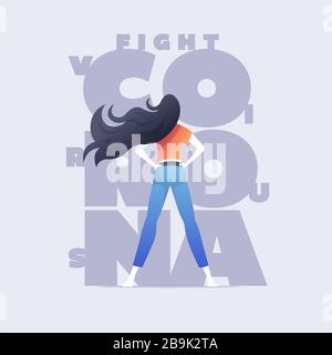 The girl is standing in front of Covid-19 virus and protecting herself. Stock Vector