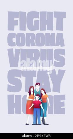 Family are standing in front of Covid-19 and protecting themselves. Stock Vector
