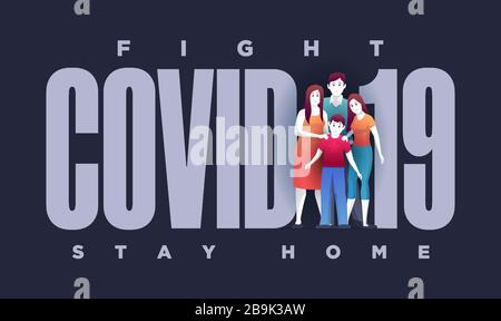 Family are standing in front of Covid-19 and protecting themselves. Stock Vector
