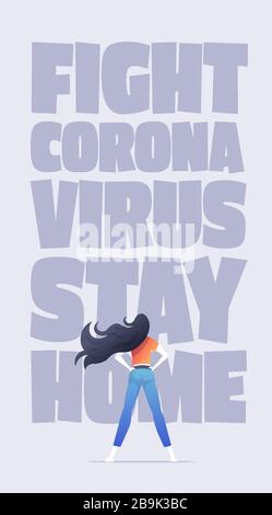 The girl is standing in front of Covid-19 and protecting herself. Stock Vector