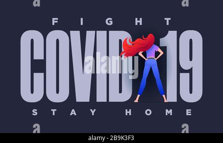 The girl is standing in front of Covid-19 and protecting herself. Stock Vector