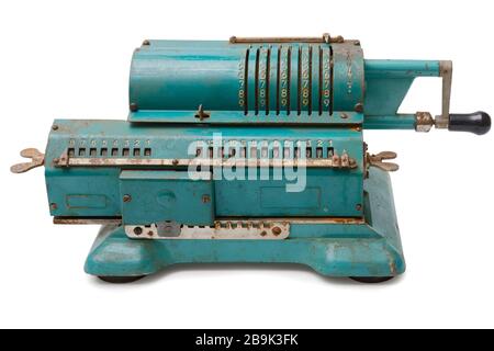 Isolated objects: vintage mechanical pinwheel calculator, on white background Stock Photo