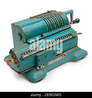 Isolated objects: vintage mechanical pinwheel calculator, on white background Stock Photo