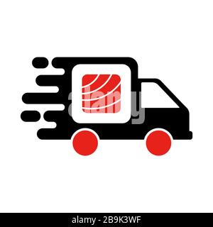 Sushi delivery logo template. Vector illustration Sushi roll sign by car, symbolizes the fast delivery. EPS 10. Stock Vector