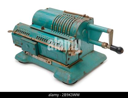 Isolated objects: vintage mechanical pinwheel calculator, on white background Stock Photo