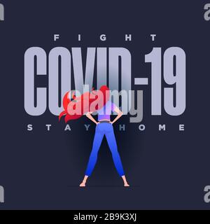 The girl is standing in front of Covid-19 and protecting herself. Stock Vector