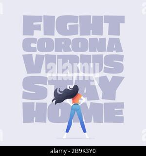 The girl is standing in front of Covid-19 and protecting herself. Stock Vector