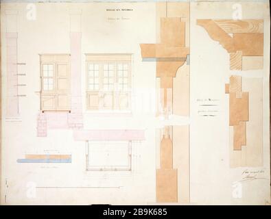 Front elevation and factors offices profile, map, indicating the crows for supporting the shelves and details of a crow and carpentry, April 1822 Charles Rohault de Fleury (1801-1875). Élévation de face et de profil des bureaux des facteurs, plan, indication des corbeaux servant à supporter les tablettes et détails d'un corbeau et de menuiserie, avril 1822. Plume, encre noire, lavis brun, rose et bleu, 1822. Paris, musée Carnavalet. Stock Photo