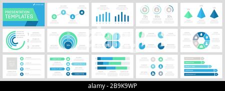 Set of grey, green, turquoise and blue elements for multipurpose presentation template slides with graphs and charts. Stock Vector