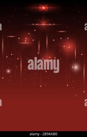 Abstract technology background with glowing virus on electronic circuit with red sparkle effect. Stock Vector