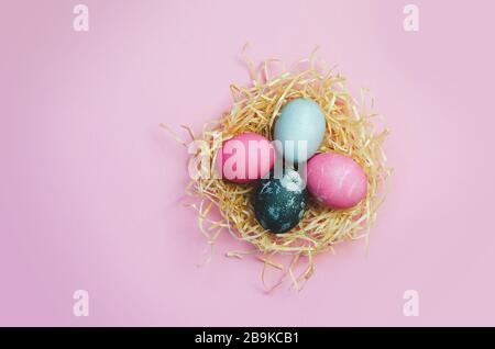 Easter eggs and nestle with colorful eggs on pink background Stock Photo