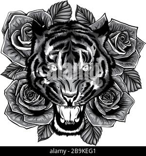 vector illustration of roaring tiger head and roses tattoo Stock Vector