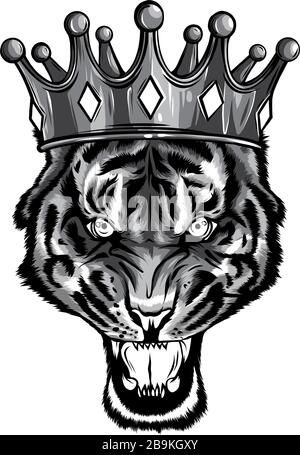 Hand drawn portrait of Tiger with crown. Vector Stock Vector