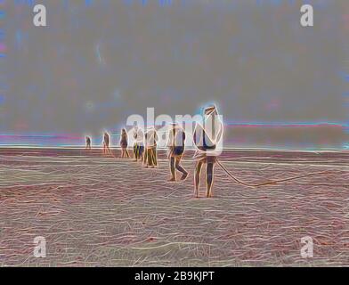 Fisherman drawing in large dragnet, spread out group, line of fishermen