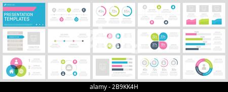 Set of green, blue, dark grey and pink elements for multipurpose presentation template slides with graphs and charts. Stock Vector