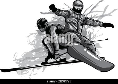 Winter sports. Couple man and woman with a snowboard and skis. Vector illustration in a flat style Stock Vector
