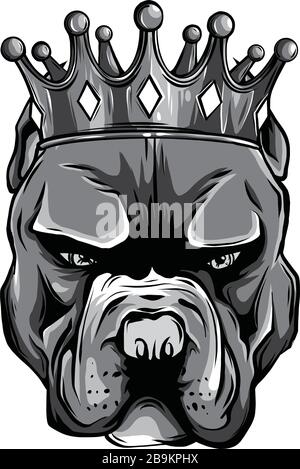 Vector illustration of a pit bull dog head in a golden crown, king, on a white background. Stock Vector
