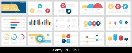Set of yellow, blue and red elements for multipurpose presentation template slides with graphs and charts. Stock Vector
