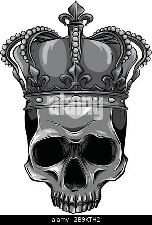 Skull king. Evil in crown ink style vector illustration, dead head ...