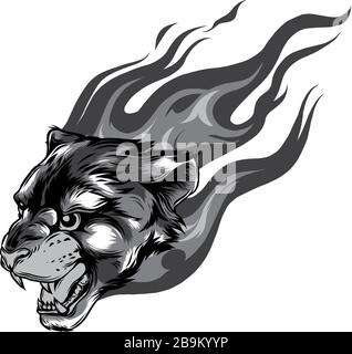 Jaguar head with Flame Tattoo vector monochromatic illustration Stock Vector