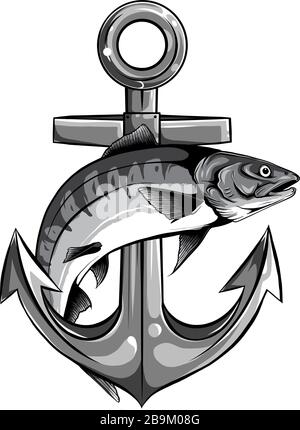 fish twisted to an anchor of a boat vector Stock Vector