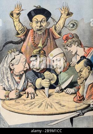 Vintage Illustration or Caricature of European Powers, Great Britain, Germany, Russia & France, Attempting to Divide up China during The Great Game 1898 Stock Photo