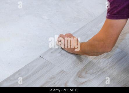 Work on laying worker installing new vinyl tile laminate wood texture floor. Stock Photo