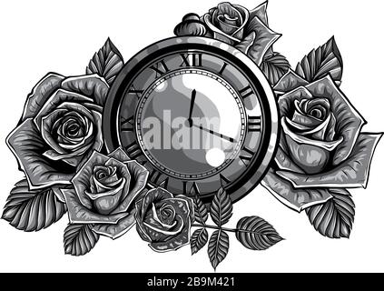 monochromatic Vintage pocket watch with a pattern in roses Stock Vector