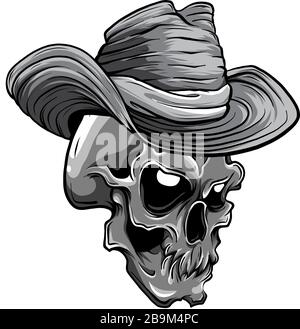 monochromatic vector illustration of cowboy skull cartoon style Stock Vector