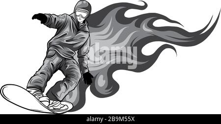 monochromatic Snowboarder crow on fire vector illustration art Stock Vector